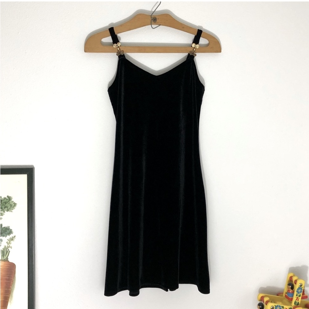 Vintage black slinky velvet dress w/ brass claps